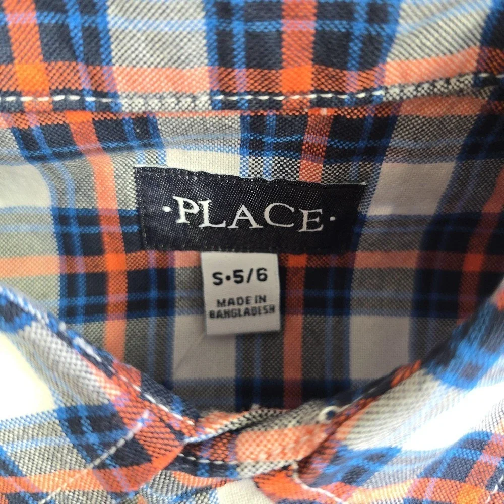 The Childrens Place Boys Blue Orange Plaid Button Down Shirt Size S 5/6 NWT